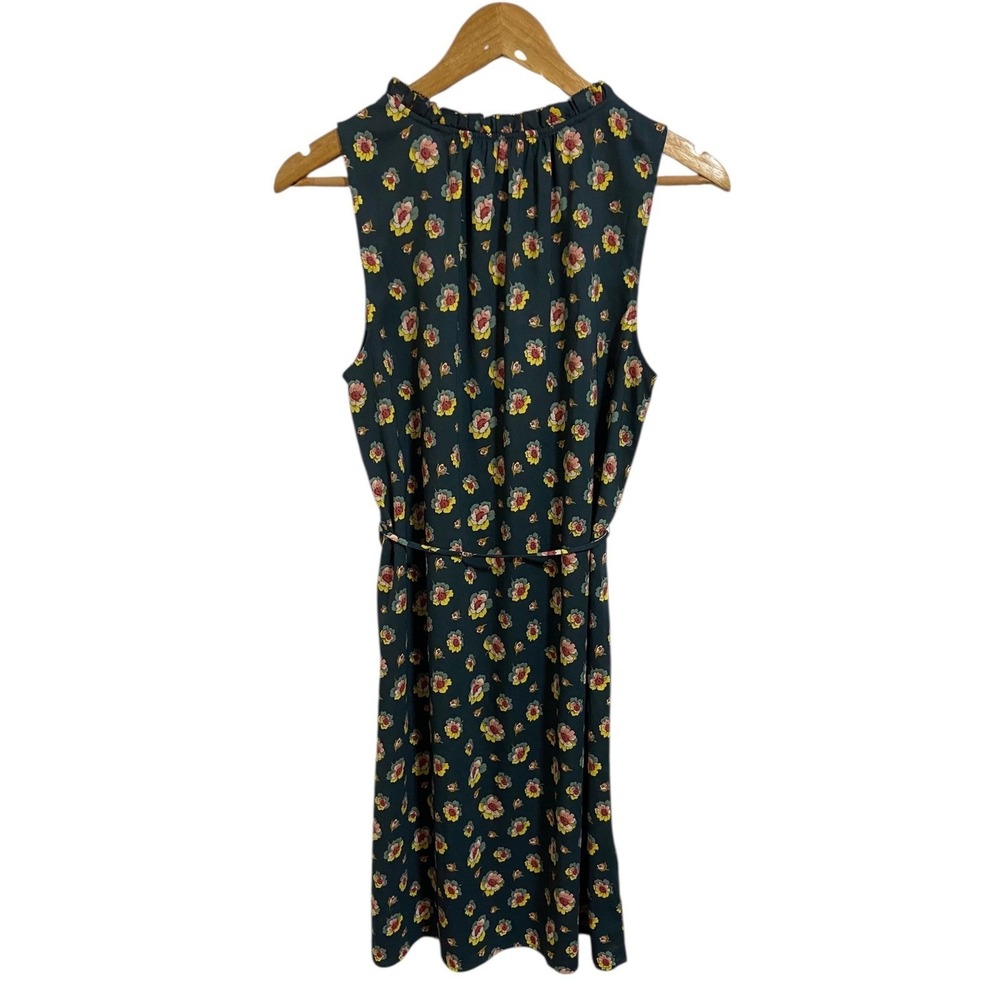 LOFT Petite Floral Print Sleeveless Ruffle Neck Tie Waist Dress Romantic Size M - Picture 3 of 10